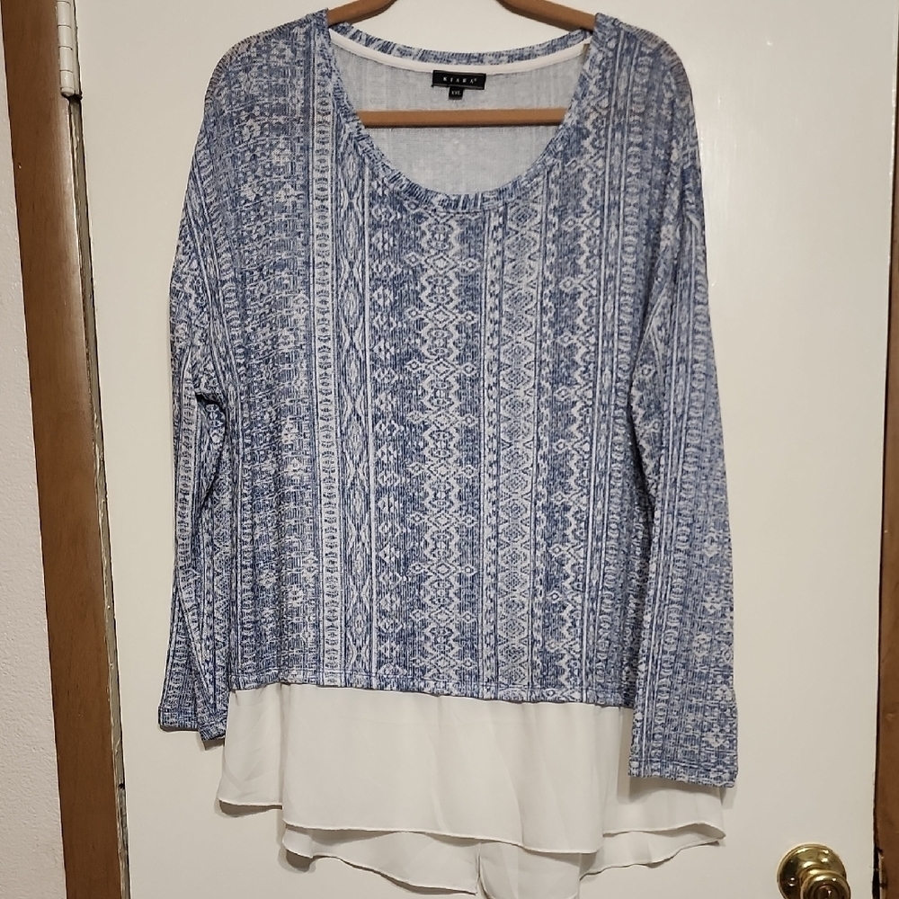 Kiara Asymmetrical Blouse Blue White Geometric Print Layered Sheer Hem Top Sz XL